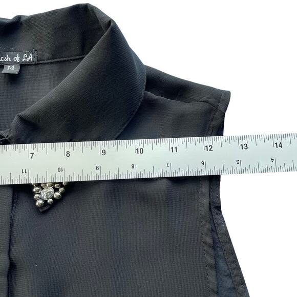 Women Black Sheer Blouse Beaded Collar Button Up Size M High Low Hem Glam Edgy - Picture 5 of 10